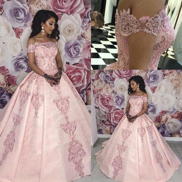 Full Lace Blush Pink Quinceanera Dresses Off Shoulders Ball Gown Pageant Lace Applique robe de soiree Evening Dress BC2348