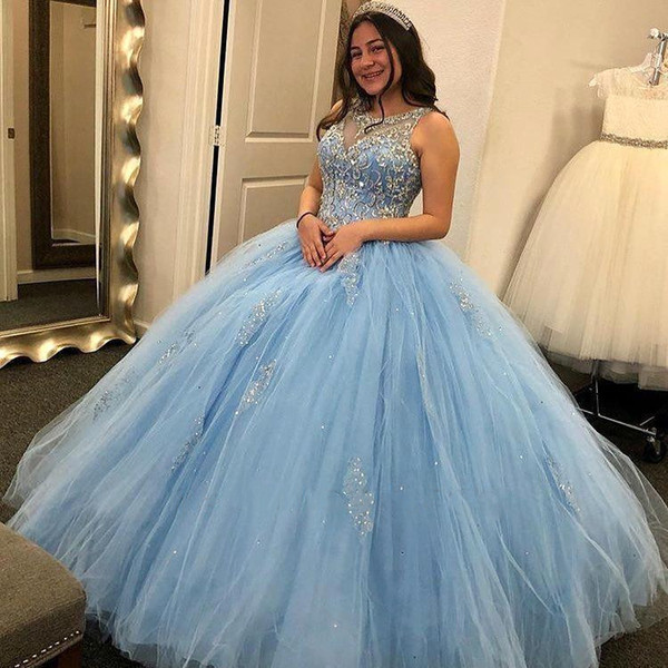 Light Sky Blue Lace Top Ball Gown Quinceanera Dresses Sheer Neck Sleeveless Beading Appliques Formal Evening Party Gowns For Sweet 16 BC2777