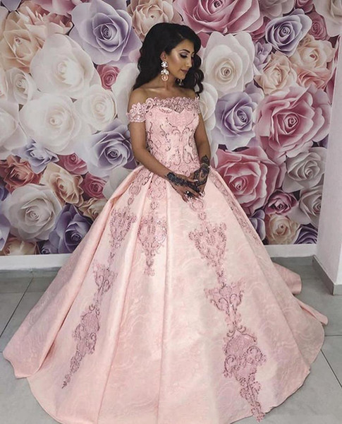 New Off Shoulders A Line Pageant Vestidos Quinceanera Dress Prom Gowns Sweet 16 Appliqued Full Lace Pink Evening Dresses