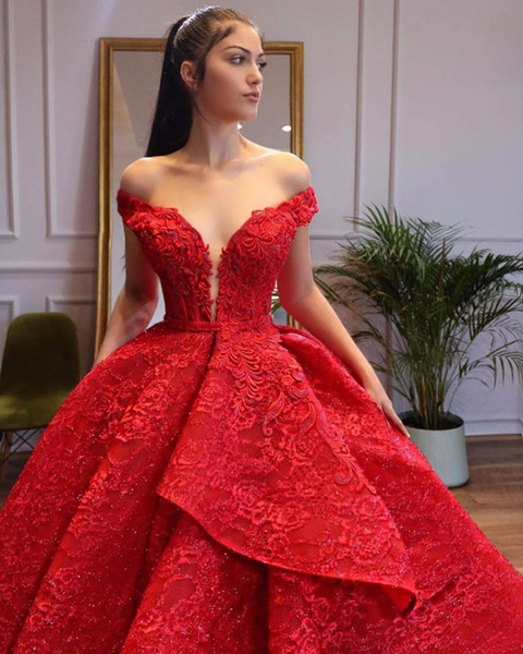 New Sexy Red Lace Appliqued Ball Gown Quinceanera Dress Vintage Luxury Off Shoulder Formal Evening Prom Dresses LOng Party Pageant Gown