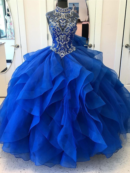 vestidos de quinceañera Royal Blue Beads Crystals Ball Gown Quinceanera Dresses Tiered Oraganza Jewel Neck Prom Dress Evening Gowns