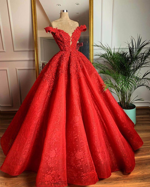 Sexy Red Lace Appliqued Ball Gown Quinceanera Dress Vintage Luxury Off Shoulder Formal Evening Prom Dresses LOng Party Pageant Gown