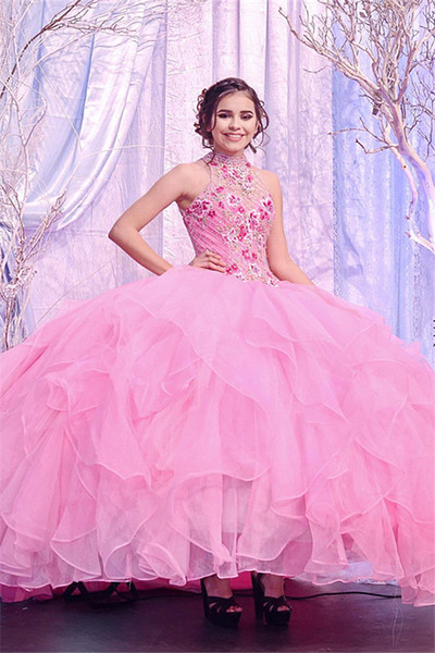 Gorgeous Crystals Beaded Puffy Quinceanera Dresses Sweet 15 Ball Gown High Neck Formal Evening Pageant Gowns Plus Size Vestidos