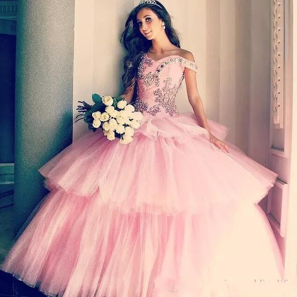 New Arrival Pink Tiered Tulle Ball Gown Quinceanera Dresses For Sweet 15 Ball Gown Off Shoulder Embroidery Long Quinceanera Gowns