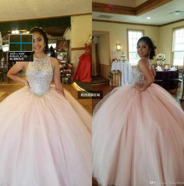 0 Elegant Crystal Top Quinceanera Dresses Pink Jewel Tulle Ball Gown Vestidos anos Sweet 16 Prom Dresses Open Back Plus Size