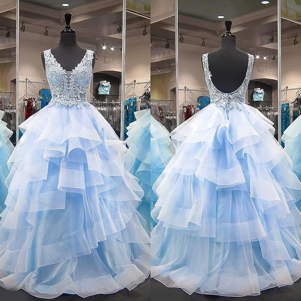 Sweet 16 Year Lace Quinceanera Dresses Blue Tulle vestido debutante 15 anos Ball Gowns V Neck Sheer Prom Dresses For Party Ruffles