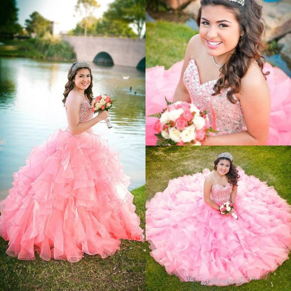 Pink Blue Organza Ball Gown Quinceanera Dresses New Sweetheart Beaded Sequins Tier Ruffles Long Junior Sweet 16 Prom Party Pageant Gown