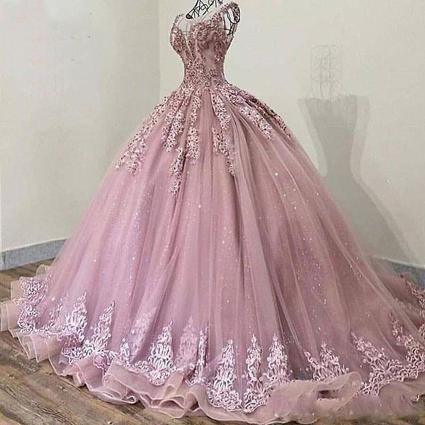 Baby Pink Ball Gown Quinceanera Prom Dresses Lace Beading Princess Girls Birthday Formal Gowns With Jewel Neck Sleeveless Lace Up Back