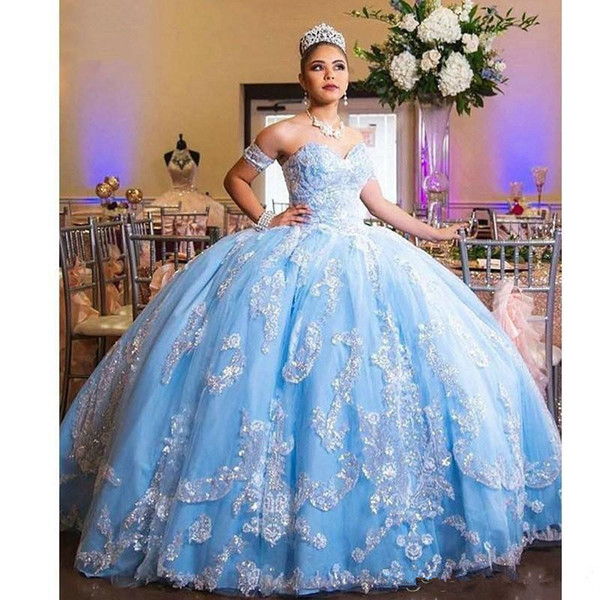 Sky Blue Vestidos de 15 anos Lace Appliques Tulle Ball Gown Formal Party Dress Girl Quinceanera Dresses