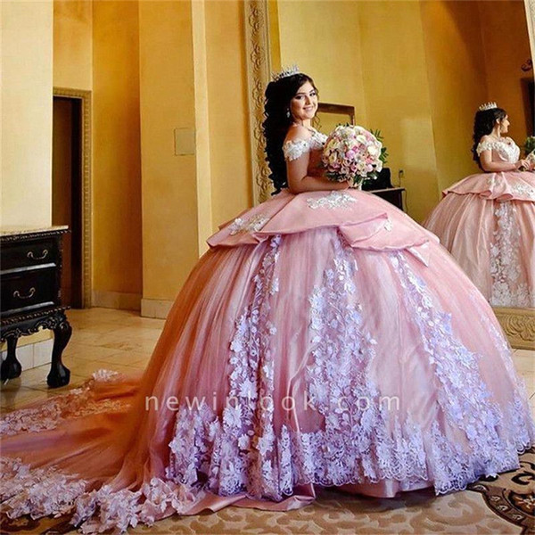 Blush Pink Ball Gown Quinceanera Dresses Sequin Lace Off Shoulder Prom Dresses Jewel Neck Sweet 16 Dress Long Formal Evening Wear BC4139