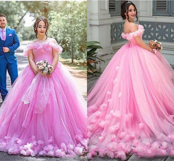 New Pink Quinceanera Dresses Off Shoulder Ball Gown Hand Made Flowers Sweet 16 Sweep Train Plus Size Party Dress Prom Evening Gowns