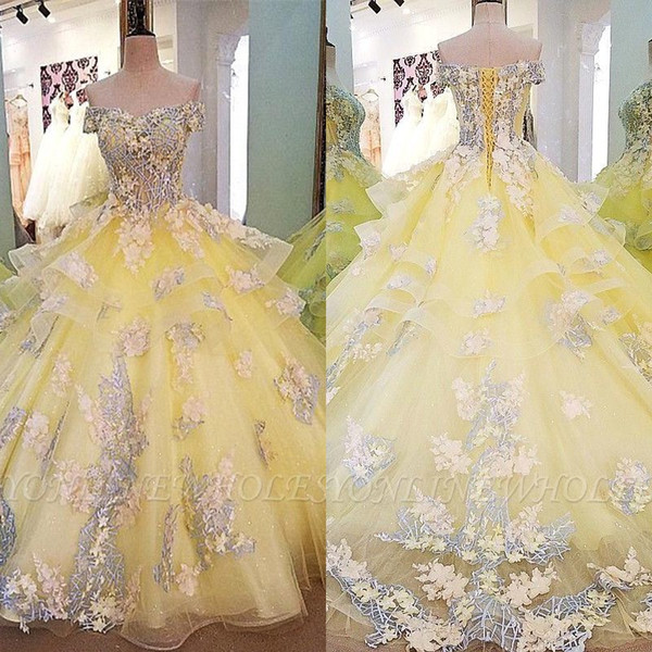 Daffodil Applique Ball Gown Quinceanera Dresses Elegant Off Shoulders Long Sleeves Pageant Party Evening Prom Dress BC4089