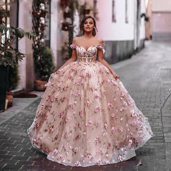 Blush Pink 3D Flowers Ball Gown Quinceanera Prom Dresses Sheer Waist Lace Up Back Pageant Dress Off the Shoulder Evening Party Gowns