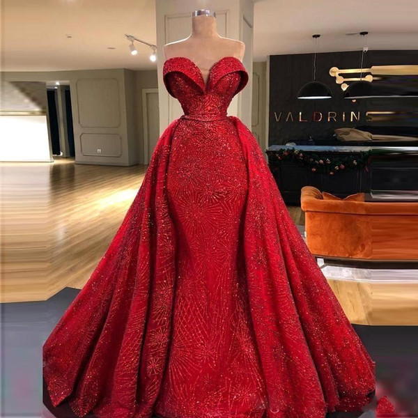 Red Overskirts Prom Dresses Shiny Appliques Sweetheart Mermaid Evening Dress Back Zipper vestidos de novia Sweet 15 Quinceanera Gowns BC2910