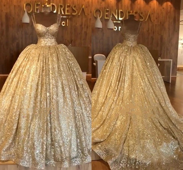 Blingbling Gold Sequined Quinceanera Dresses Dubai Arabic Ball Gown Evening Prom Gowns With Sweep Train Spaghetti Strap Vestidos 15 BC0826