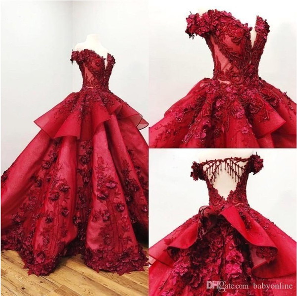 Red Quinceanera Dresses Ball Gown Off Shoulder 3D Floral Appliqued Beads Girls Pageant Gowns Formal Prom Dress Sweep Train BC2461