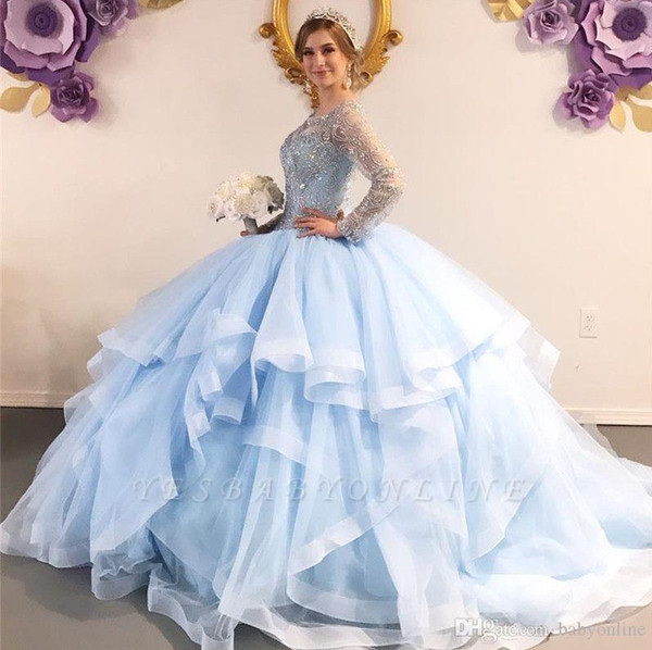 Vintage Lighk Sky Blue Long Sleeve Quinceanera Dresses Ball Gown Layer Tulle Skirt Bling Sequined Keyhole Backless with Corset Sweet 16 Robe