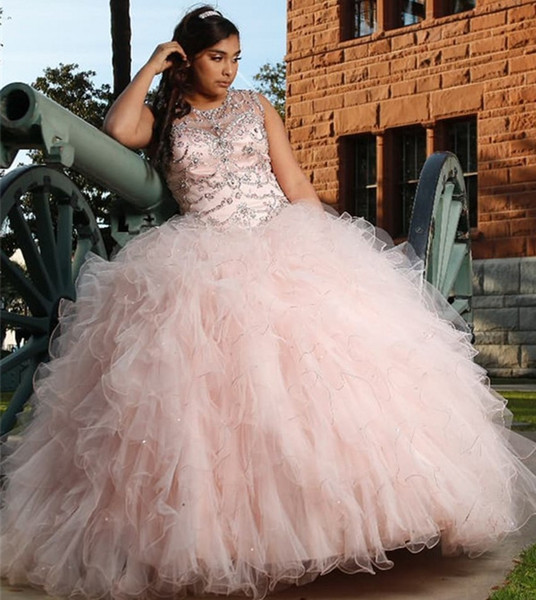 Amazing Pink Ball Gown Quinceanera Dresses Rhinstones Crystals Beaded Ruched Layer Ruffles Long Evening Prom Gowns Junior Sweet 15 Vestidos