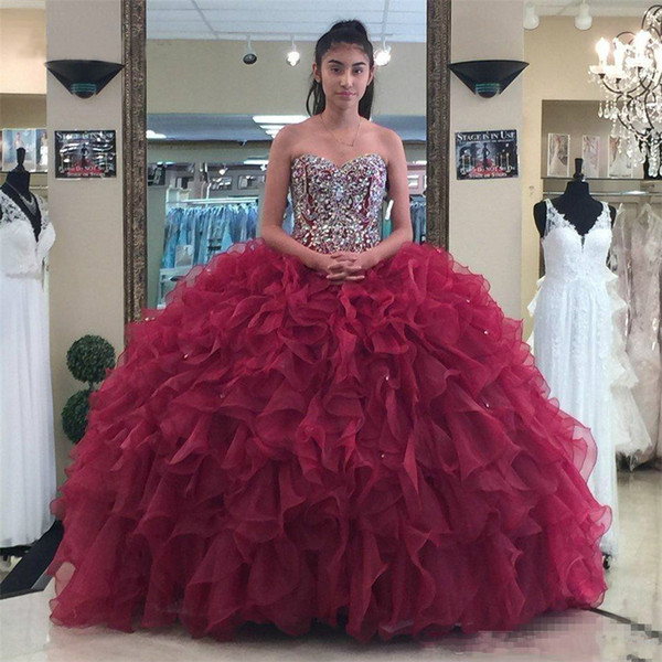 Luxury Burgundy Ball Gown Quinceanera Dresses Layer Ruffles Beaded Crystals Sweetheart Bodice Vestidos De 15 Anos Gowns BC1893