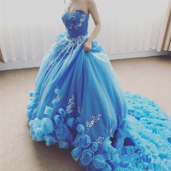 Aqua Cascading Ruffles Long Train Quinceanera Dresses Sexy Sweetheart Ball Gowns with Hand Made Flowers Prom Party Evening Gowns Formal