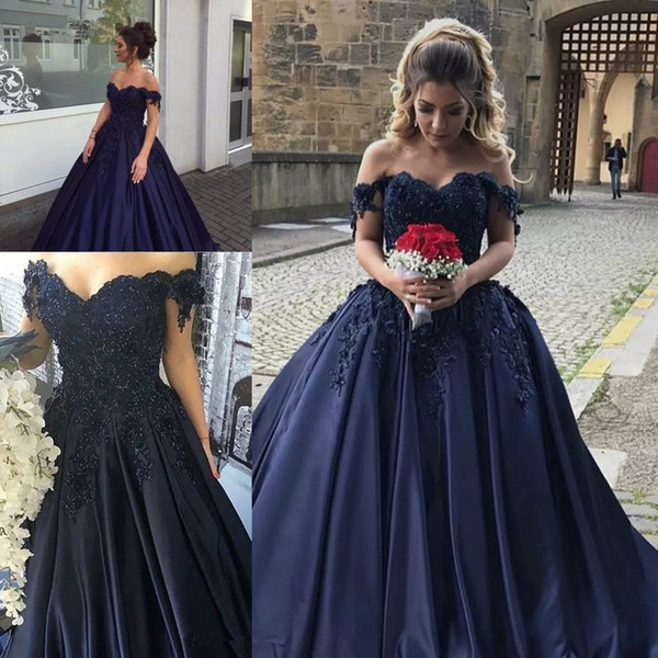 Dark Navy Ball Gown Quinceanera Dresses Elegant Off Shoulder Appliques Beads Evening Prom Gowns Junior Sweet 16 Vestidos de 15 Anos