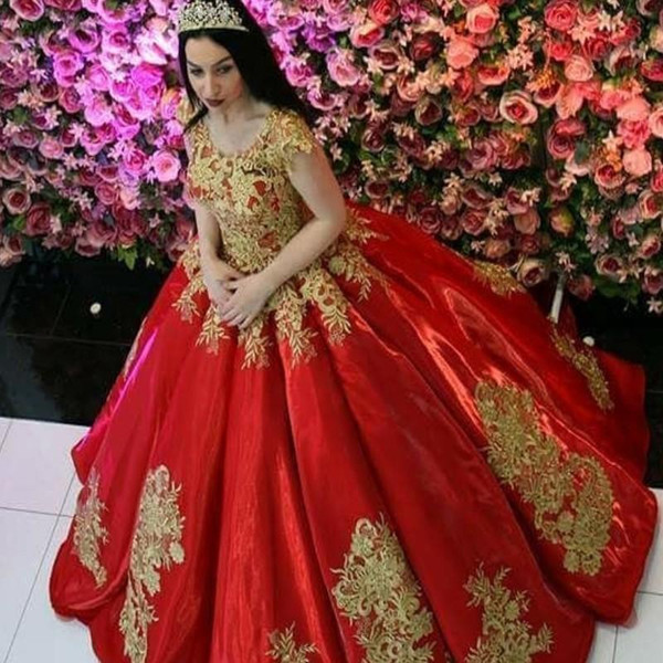 Gorgeous Red With Gold Appliques Ball Gown Quinceanera Dresses Cap Sleeves Long Women Formal Evening Gowns Sweet 15 Vestidos de fiesta