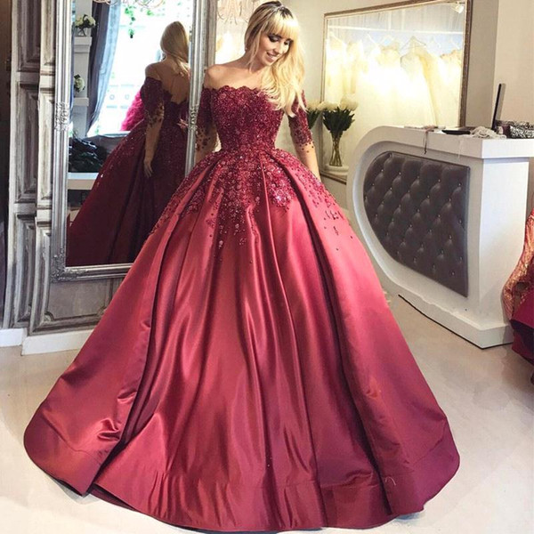 Dark Red Off The Shoulder Ball Gown Quinceanera Dresses Floral Sweet 16 Long Sleeves Applique Pearls Beads Evening Gowns BA6695