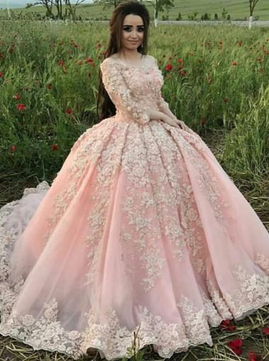 Sweet 16 Pink Quinceanera Dresses Ball Gown Off Shoulder Appliques Petal Flowers Prom Dress Prom Evening Gowns vestido de 15 anos