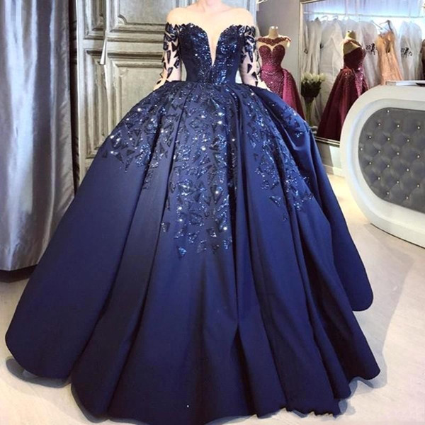 Elegant Navy Blue Satin Quinceanera Dress Sheer Long Sleeve Sequins Puffly Formal Evening Prom Pageant Party Dresses Plus Size BC2375