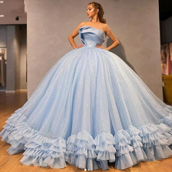 Sparkly Light Sky Blue Sequined Quinceanera Dresses For Teens Sweet 15 Vestidos Tier Ruffles Pleats Strapless Ball Gown Prom Evening Gowns