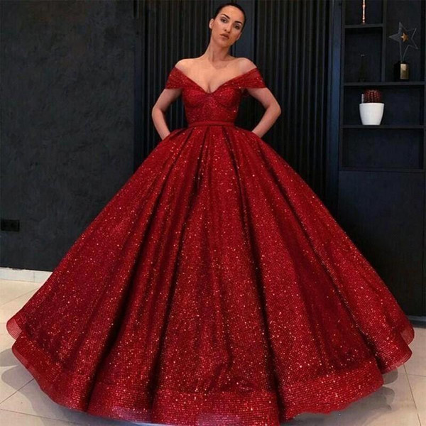 Long Glitz Burgundy Evening Dresses Off Shoulder Quinceanera Dress Saudi Arabia Women Lebanon Formal Pageant Gowns BC2626