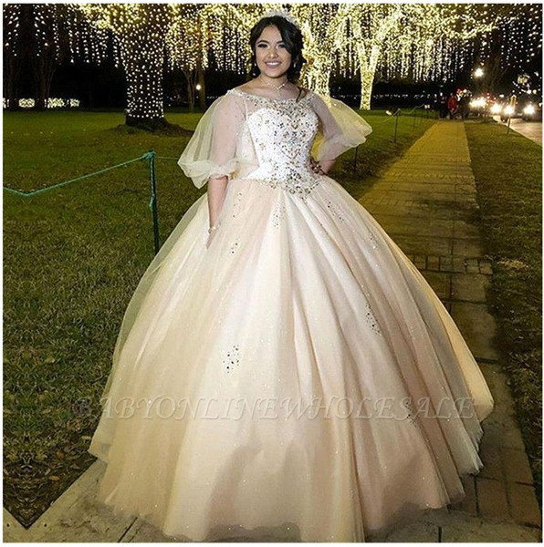 Champagne Quinceanera Dresses New Beaded Scoop Neckline Poet Half Sleeve Sequins Crystals Ruched Long Ball Gown Prom Evening Wears