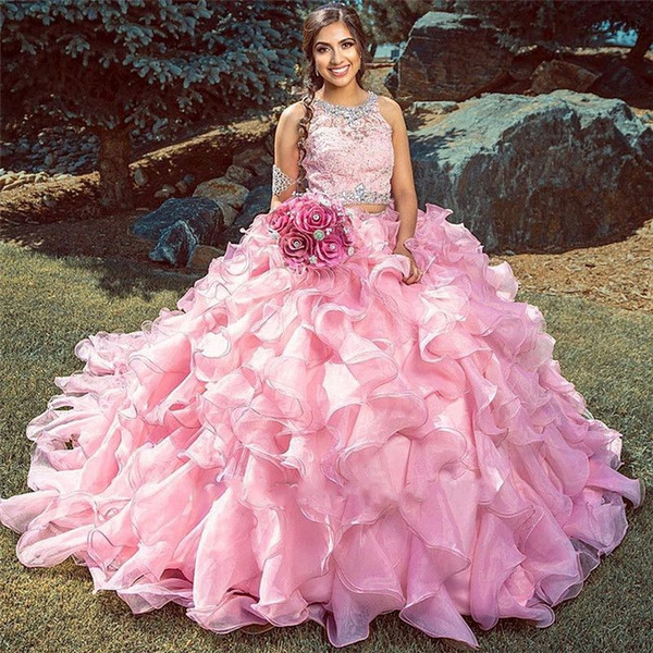 Cascading Tier Ruffles Pink Ball Gown Quinceanera Dresses Beads Appliques Sweet 16 vestidos de 15 Anos Masquarade Prom Evening Dress