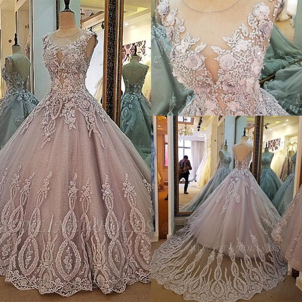 Real Images Jewel Neck Appliqued Lace 3D Floral Quinceanera Dresses Lace up Backless Plus Size Sweet 16 Evening Gowns BC2149