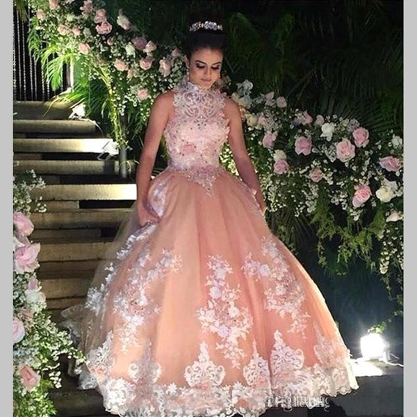 Sweet 16 Year Lace Champagne Quinceanera Dresses vestido debutante 15 anos Ball Gown High Neck Sheer Prom Dress For Party BA4931