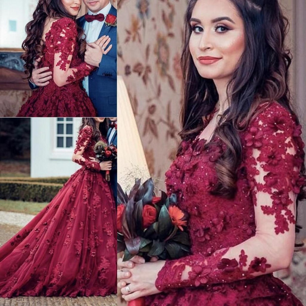 Vintage Burgundy Ball Gown Quinceanera Dress Sheer Neck Lace 3D Appliques Beaded Sweep Train Puffy Plus Size Custom Prom Evening Gowns