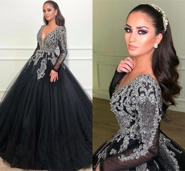 Quinceanera Dresses Black With Silver Beads Appliqued Ball Gown V Neck Sheer Long Sleeve Women Puffy Prom Evening Gowns BC1369