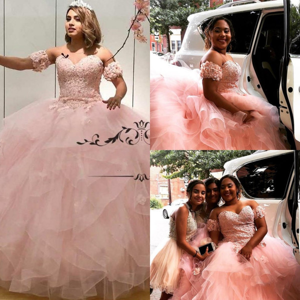 Elegant Pink Sweet 16 Quinceanera Dresses Ball Gown 3D Flowers Cascading Ruffles Vestidos 15 Anos Plus Size Girls Birthday Party Gowns