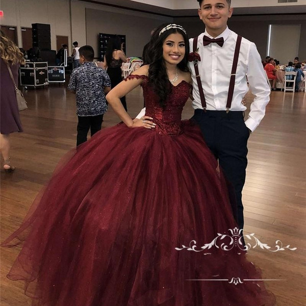 New Burgundy Sweet 16 Masquerade Quinceanera Dresses Off Shoulder Ball Gown Vintage Lace Sequin Plus Size Vestidos 15 Anos Prom Gowns