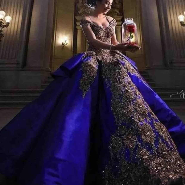 New Luxury Detail Gold Embroidery Royal Blue Quinceanera Dresses Ball Gown Sweet 16 Dress Off Shoulder Masquerade Pageant Prom Gown