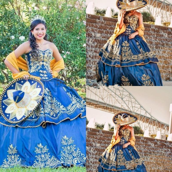 Vintage quinceañera Luxury Detail Gold Embroidery Quinceanera Dresses Masquerade Ball Gown Royal Blue Sweety 16 Girls Prom Party Dress