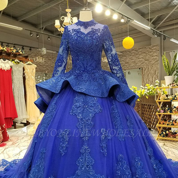 Royal Blue Sweet 16 Quinceanera Dresses Ball Gown High Neck Beaded Appliques Puffy Tulle Masquerade vestidos 15 anos Birthday Prom Dresses