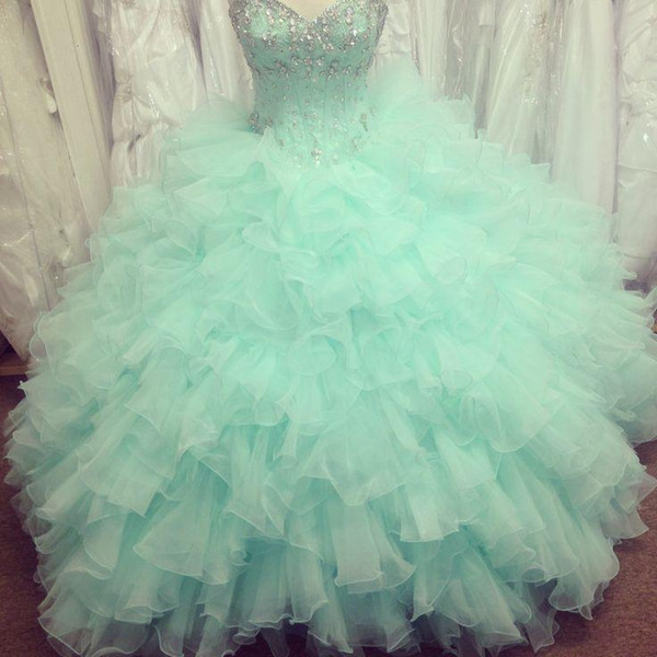 Gorgeous Mint Princess Quinceanera Ball Gowns With Shiny Crystals Sweetheart Ruffles Evening Prom Dresses Beading Formal Party Gowns