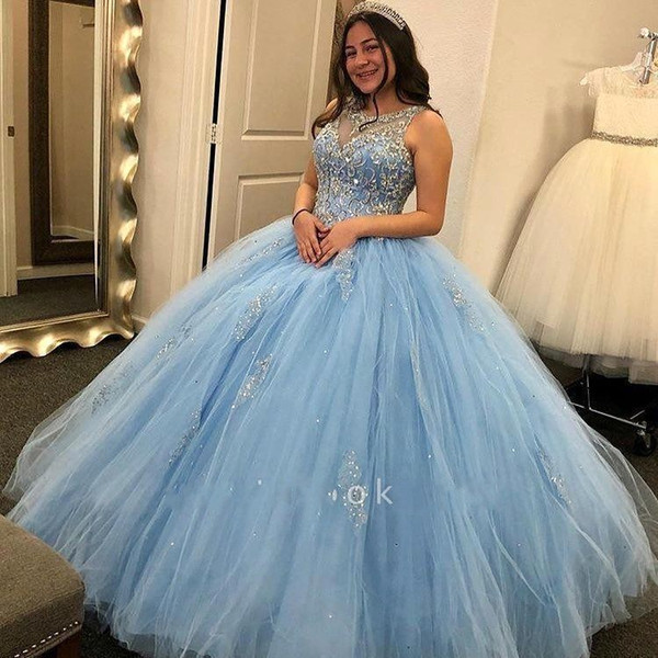Light Sky Blue Quinceanera Dresses Crystals Beaded Ball Gown Sheer Neck Masquarad Party Pageant Gowns For Teens Sweet 15 Evening Wear BC2777