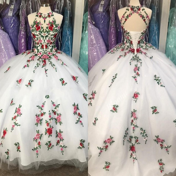 Fabulous White 3D Flowers Ball Gown Quinceanera Prom Dresses Embroidery Sheer Neck Keyhole Corset Back Sweet 16 Dress Vestidos 15 Anos