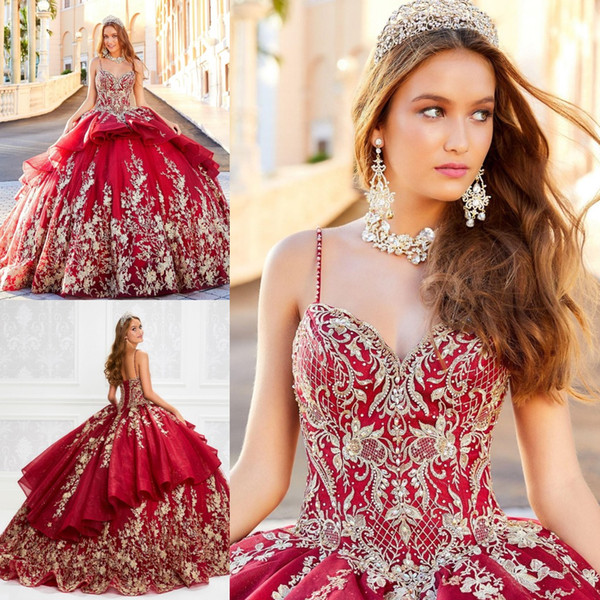 Luxurous Red Quinceanera Dresses Appliques Spaghetti Lace Princess Ball Gown Sweet 16 Tulle Lace Up Back Prom Dress Party Gowns