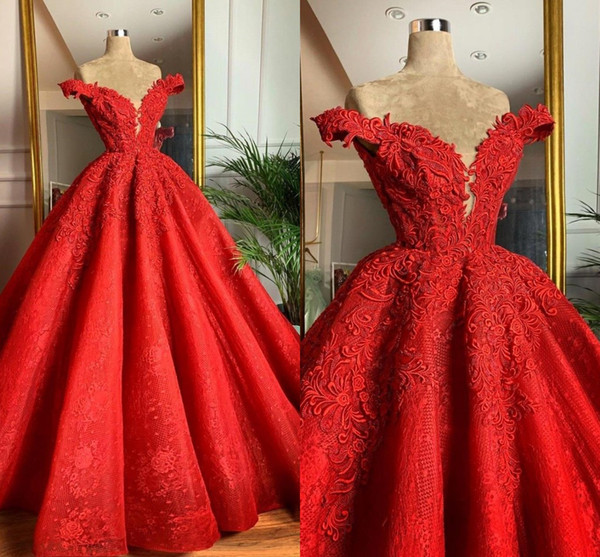 Off the Shoulder Red Lace Ball Gowns Quinceanera Dresses 3D Appliques Flora Ruched Long Evening Prom Gowns Sweet 15 Vestidos BC2873