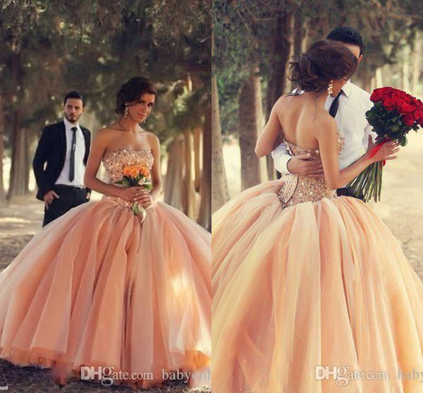 New Peach Strapless Ball Gown Quinceanera Dresses Pearls Beaded Rhinestones Pageant Dresses Long Backless Basque Waist Arabic Prom Gown