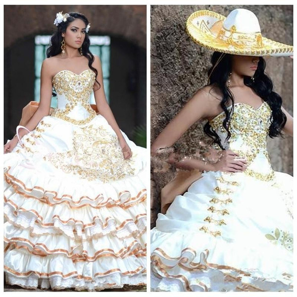 Classic Sweetheart Ball Gown Quinceanera Dresses Gold Lace Appliques Beaded Embroidery Peplum Junior Vestidos De Quinceanera Prom