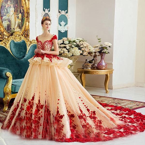 Princess Champagne With Red Flora Quinceanera Dresses Ball Gown Cap Sleeve Sheer Neck Peplum Pageant Gowns For Teens Vestidos de 15 Anos